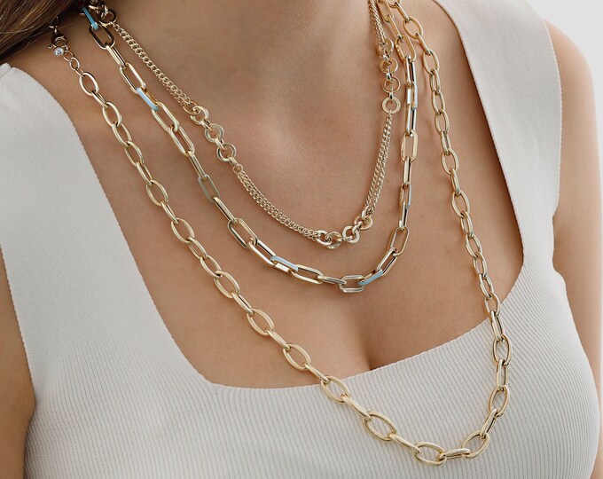 14k Gold Oval Paperclip Necklace | Thick & Flashy Graduated Chain, Chunky Gold Jewelry, Anniversary Gift, Engagement Gift, Layering Necklace