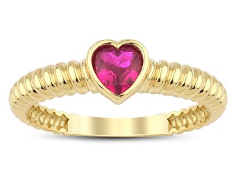 14k Gold Magenta Zircon Heart Ring | Textured Loop Stackable Infinity Band