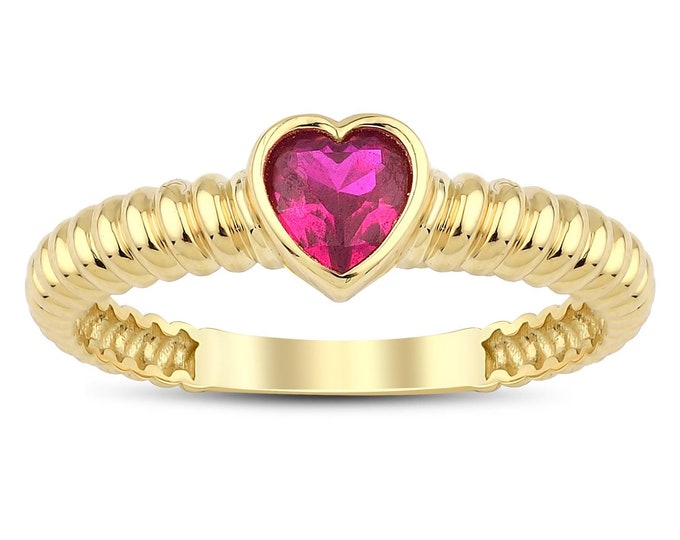 14k Gold Magenta Zircon Gemstone Heart Ring w/ Loop Texture Band | Stackable Infinity Rings, Valentines Day Gift, Teacher Gift, Gift for Her