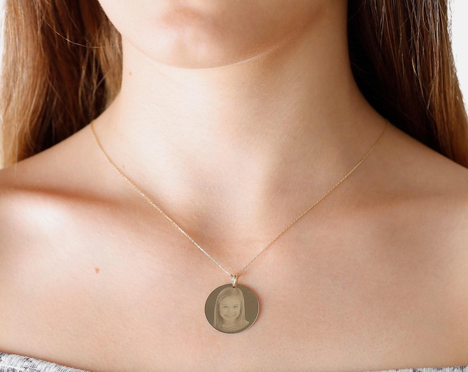 14k Gold Personalized Disc Pendant | Portrait Engraved Custom Gold Necklace, Memorial Pendant, Family or Your Photo, Pet Photo