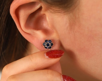 14k Gold Sapphire Hexagon Earrings | Honeycomb September Birthstone Stud Jewelry