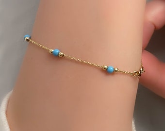 December Birthstone, 14k Gold & Turquoise Beaded Dainty Bracelet, Aqua Blue Layering Bracelet, Fine Jewelry, Graduation Gift, Gift for her