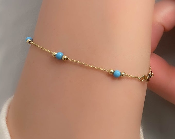 December Birthstone, 14k Gold & Turquoise Beaded Dainty Bracelet, Aqua Blue Layering Bracelet, Fine Jewelry, Graduation Gift, Gift for her
