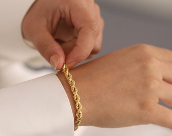 14k Gold Rope Chain Bracelet | 5mm Twisted Dainty Unisex Elegant Everyday Chain