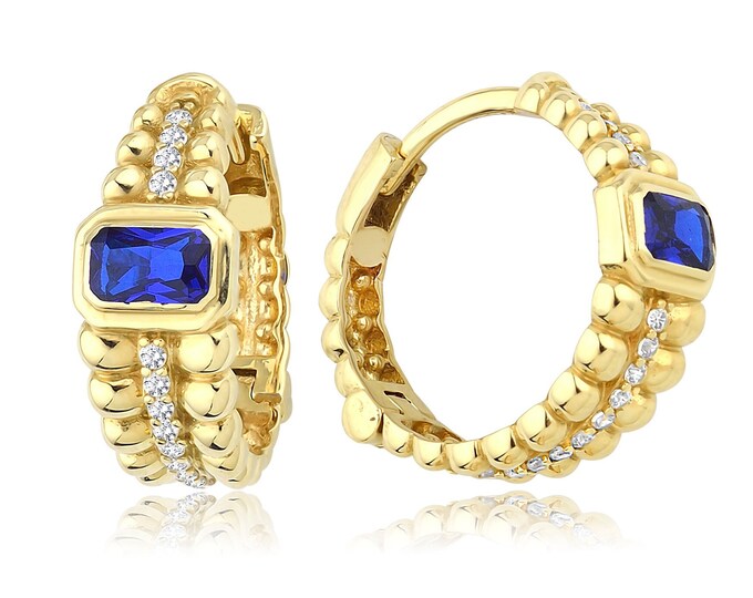 14k Gold Baugette Blue Zircon Huggie Hoop Earrings w/Bezel Setting | Classy Victorian Earrings, Valentines Day Gift, Mom Gift, Gift for Her