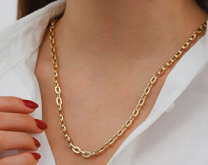 14k Gold 5mm Elongated Link Chain Necklace | Thick Link Chain, Chunky Link Chain, Bold Layering Necklace, Heavy Gold Jewelry, Gift for Her