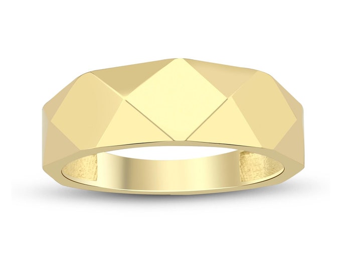 14k Gold Faceted Chunky Ring |  Stackable Geometric Pattern Edge Rings, Bold Dome Band Rings, Christmas Gift, Birthday Gift, Gift for Her