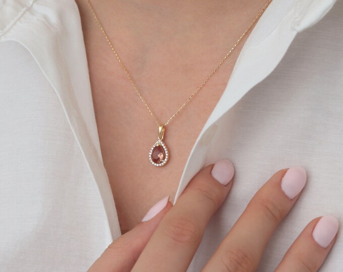 14k Gold Diaspore Drop Shaped Necklace | Color-Changing Necklace, Turkish Diaspore Stone Necklace, Pisces Birthstone Jewelry, Gift for Her