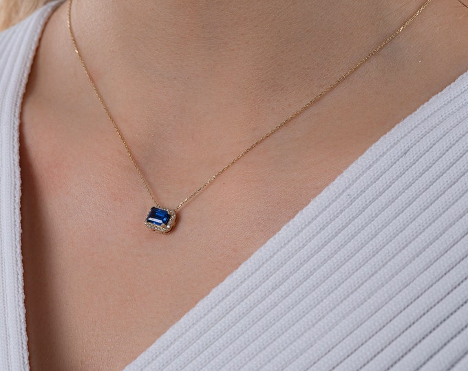 14k Gold Blue Sapphire Necklace | Dainty Baguette Cut CZ Birthstone Pendant Jewelry