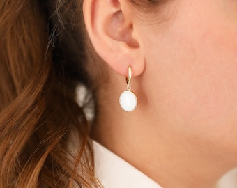 14k Gold White Opal Drop Earrings | Blue Fire Gemstone Dangle, October Libra Birthstone