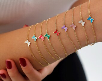 14k Gold Butterfly Bracelet | Colorful Enamel Charm Multicolor Butterfly Chain