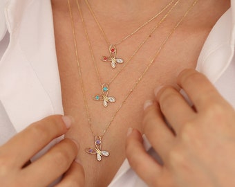 14k Gold Butterfly Enamel Necklace | Pink Colorful Butterfly Pendant Jewelry