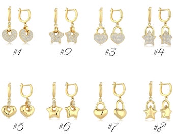 14k Gold Heart Shaped Padlock Dangling Earrings | Latch Back Lock, Minimalist Puffy Heart Earrings, Gold Lock Drop Earrings | Gift for Her
