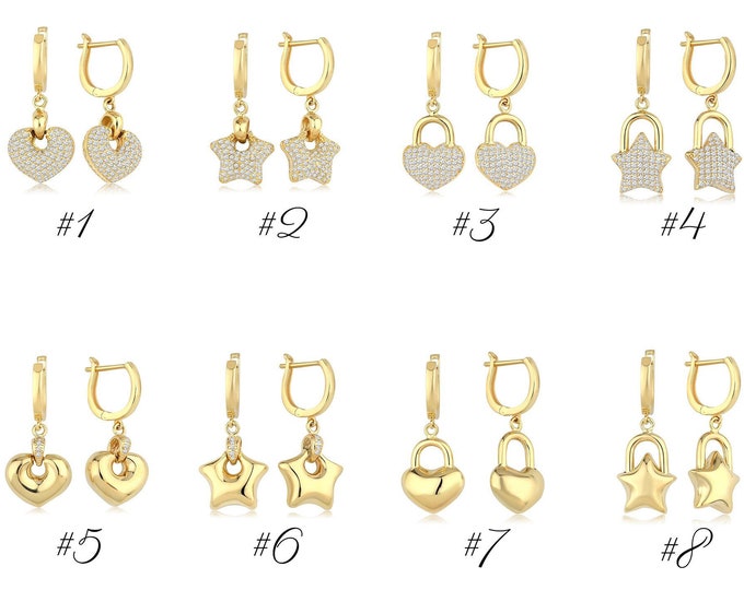 14k Gold Heart Shaped Padlock Dangling Earrings | Latch Back Lock, Minimalist Puffy Heart Earrings, Gold Lock Drop Earrings | Gift for Her