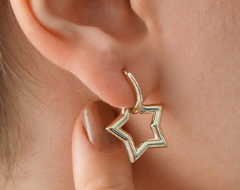 14k Gold Star Drop Earrings | Celestial North Star Dangle Hoops