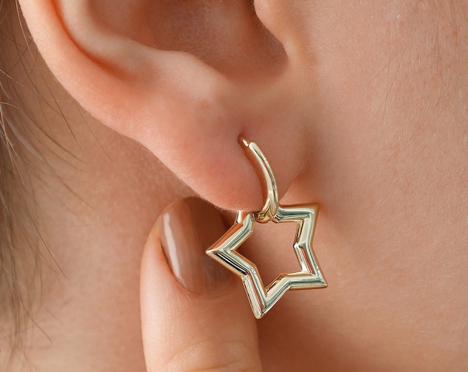 14k Gold Star Drop Earrings | Celestial North Star Earrings, Dangle Outline Hoops, Nature Lover Jewelry, Valentines Day Gift, Gift for Her