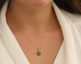 14k Gold Emerald Hexagon Necklace | Honeycomb May Birthstone Dainty Jewelry