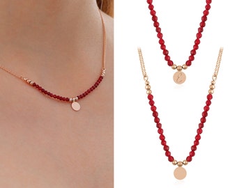 14k Red Jade Necklace with Engravable Gold Coin Pendant | Red Jade & Gold Beaded Necklace, Gemstone Jewelry, Graduation Gift, Gift for Her