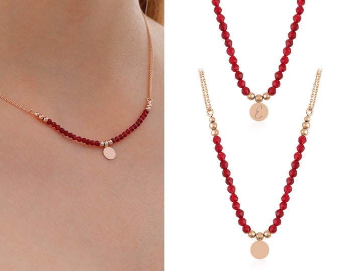 14k Red Jade Necklace with Engravable Gold Coin Pendant | Red Jade & Gold Beaded Necklace, Gemstone Jewelry, Graduation Gift, Gift for Her