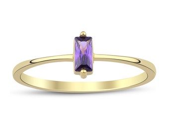 14k Gold Purple Zircon Ring | Stackable Minimalist Baguette Gemstone Jewelry