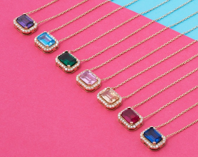 Dark Pink Ruby Baguette Cut Zircon Gemstone Dainty Necklace | 14k Gold Everyday Jewelry, July Birthstone, Birthday Gift | Gift for Her