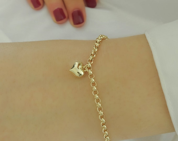 14k Gold Rolo Chain Bracelet | Puffy Heart Charm & Evil Eye Bead, Stacking Bracelet