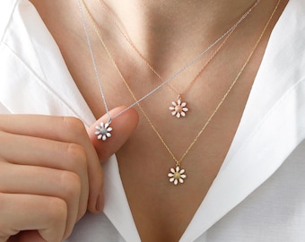 14k Gold Daisy Necklace | Tiny White Enamel Flower Chamomile Pendant Gift
