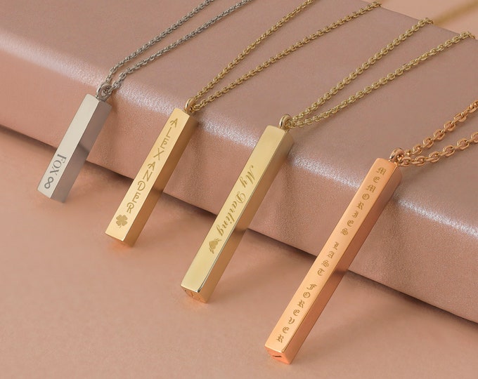 14k Gold Bar Urn Necklace | Cremation Ash Holder Necklace, 3D Vertical Bar Engraved Urn Necklace, Keepsake Pendant for Human Ash & Pet Hair