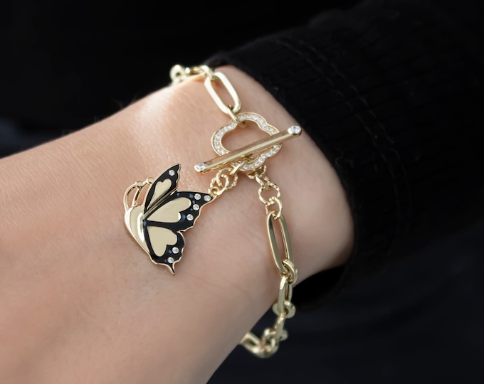 Enamel Butterfly Charm Gold Bracelet | D-Ring Closure w/ Gemstone Bezel, Thin Long Link Butterfly Pendant Bracelet | Gift for Her