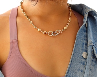 14k Gold Circle Link  Multicolored Chain | Chunky Necklace, Interlock Necklace Design Handmade Jewelry, Chain w/ Gold Sphere