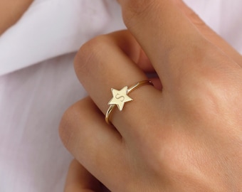 14k Gold Star Initial Ring | Dainty Personalized Engravable Geometric Stackable Band