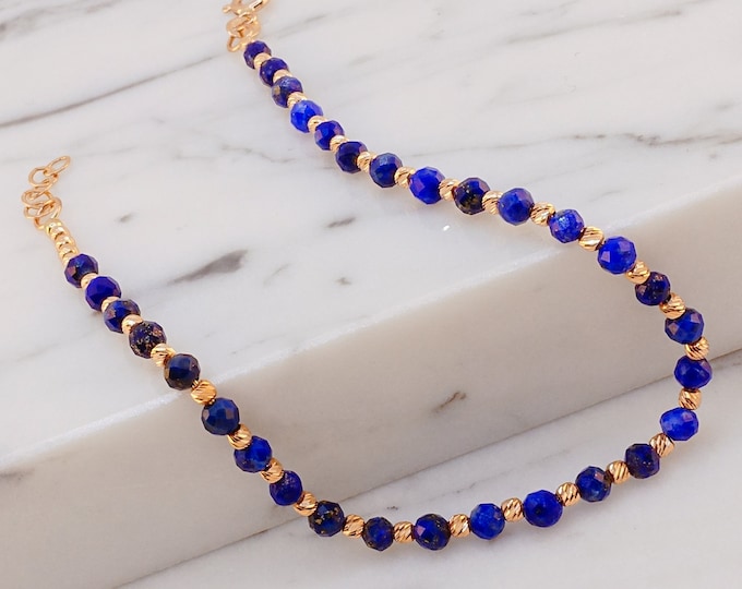 14k Gold Lapis Lazuli Beaded Bracelet, Coral / Turquoise / Green Jade Natural Stone Choice, Carved Ball 14K Gold Beads