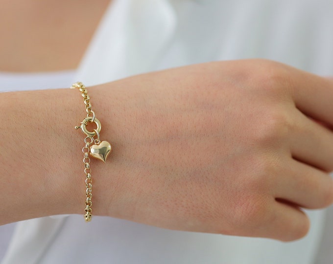 14k Gold Rolo Link Bracelet w/ Puffy Heart Charm | Dainty Belcher Chain Gold Bracelet, Sailor Lock Clasp, Minimalist Gift, Gift for Her