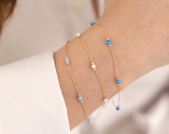 Dark Blue Round Opal Bracelet | 14k Gold White & Light Blue Opal Beaded Bracelet, October Birthstone, Elegant Zodiac Jewelry, Gift for Her