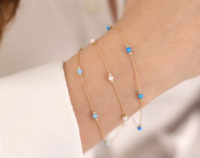 Dark Blue Round Opal Bracelet | 14k Gold White & Light Blue Opal Beaded Bracelet, October Birthstone, Elegant Zodiac Jewelry, Gift for Her