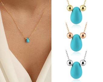 Turquoise Gem Teardrop Necklace | Drop Shaped Minimal Necklace with Gold Beads | Healing Crystal December Birthstone | Valentine's Day Gift