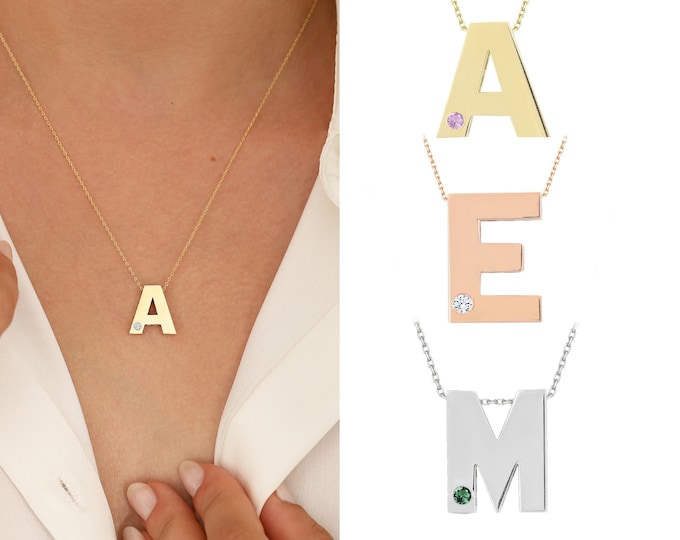 Gold Initial Letter and Birthstone Necklace | 14k / 8k Alphabet Necklace, Personalized Pendant, Zodiac Month Jewelry, Birthday Gift for Her