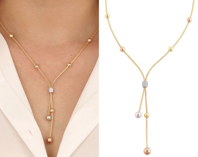 14K Gold Franco Mesh Chain with Gold Beaded Necklace | Italian Tube Chain Lariat Necklace, Thin Dangle Y Necklace, Graduation Gift for Her