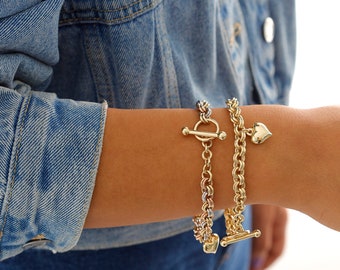 14k Gold Heart & Star Charm Bracelet | Chunky Toggle Link Chain Handmade Jewelry