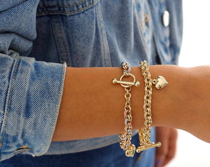 14K Gold Heart & Star Charm Bracelet | Handmade Jewelry, Chunky Double Circle Link Bracelet, Toggle Clasp Thick Jewelry, Gift for Daughter