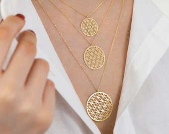 14k Gold Flower of Life Pendant | Six Petals Mandala Necklace, Sacred Geometry Jewelry