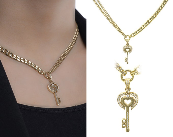 14k Gold Key Heart Charm Necklace | 6mm Thick Curb Chain, 2 in 1 Double Chain, Chunky Necklace, Key Pendant, Rose Gold, Gift for Her