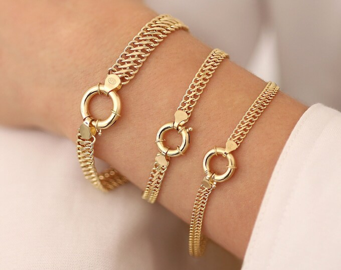 Vintage 14k Gold Double Curb Chain Bracelet | 8mm Armoured Chain Stacking Bracelet, Star & Crescent Charms, Summer Gift, Gift for Girlfriend