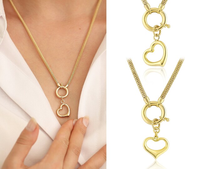 14k Gold Heart Charm Popcorn Chain Necklace | Round Mesh Woven Tubular Chain, Popcorn Necklace with Heart, Gold Charm Chain, Birthday Gift