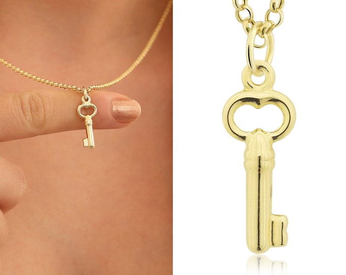 14k Gold Rolo Chain w/Classsic Key Pendant | Dainty Minimalist Necklace, Daily Handmade Jewelry, Christmas Gift, Birthday Gift, Gift for Her