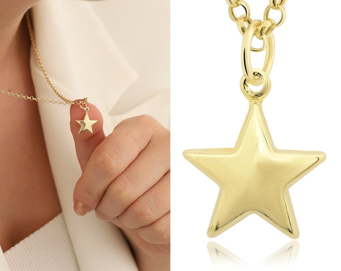14k Gold Rolo Chain w/Star Pendant | Celestial Layering Necklaces, Sparkly Statement Charms, Christmas Gift, Friendship Gift, Gift for Her