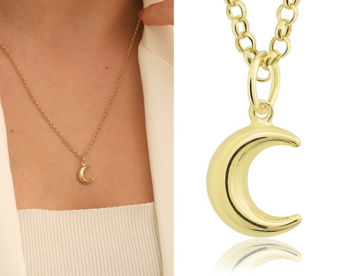 14k Gold Rolo Chain w/Half Moon Pendant | Dainty Celestical Charm, Stackable Daily Necklace, Christmas Gift, Special Day Gift, Gift for Her