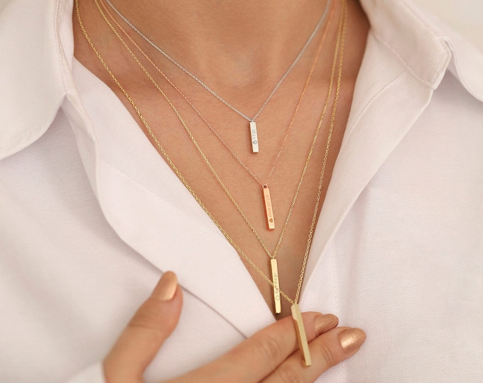 3D Bar Name Necklace | 14k / 10k Gold Personalized Bar Necklace, Engraved Unisex Bar Necklace, Custom Vertical Bar Necklace, Couple Gift