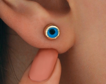 14k Gold Evil Eye Stud Earrings | Protection Talisman, Positive Energy Lucky Charm