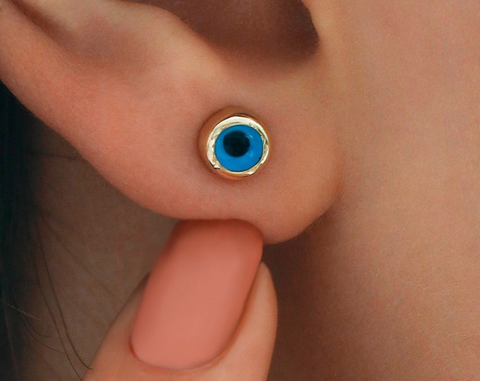14k Gold Evil Eye Stud Earrings | Bad Luck Protection Talisman, Precious Jewelry For Positive Energy, Avoid From Misfortune, Mom's Day Gift